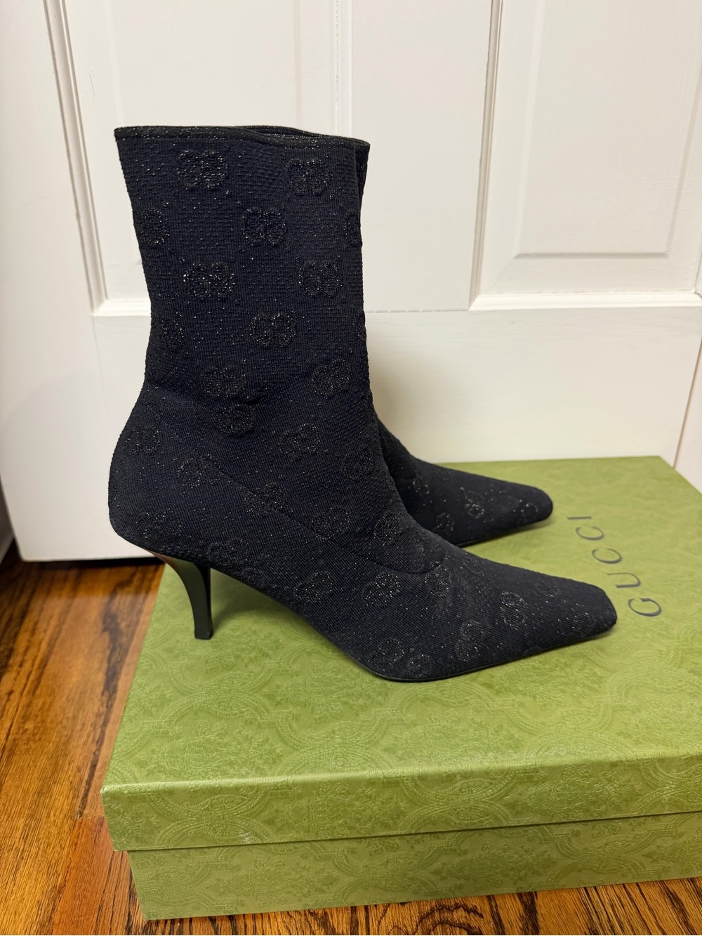 Gucci Black Embossed Knit Heeled Sock Boots - Picture 4 of 10